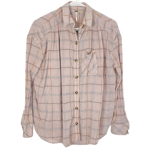 Free People Button Down Shirt Womens Size Small  Break My Stride Top Plaid Pink - Picture 1 of 10